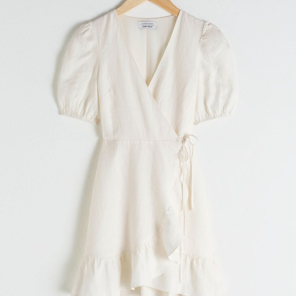 White Linen Puff Sleeve Wrap Mini Dress from & Other Stories